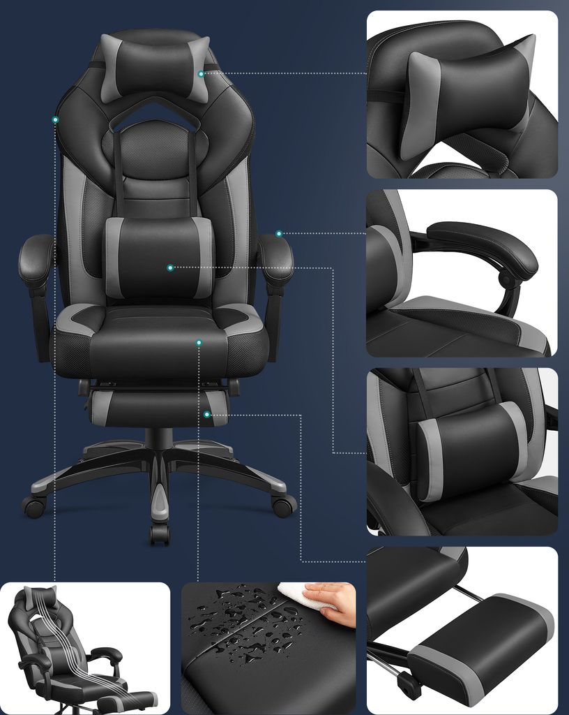SONGMICS Gaming-Stuhl, Bürostuhl, höhenverstellbar, Grau Produktbild 3