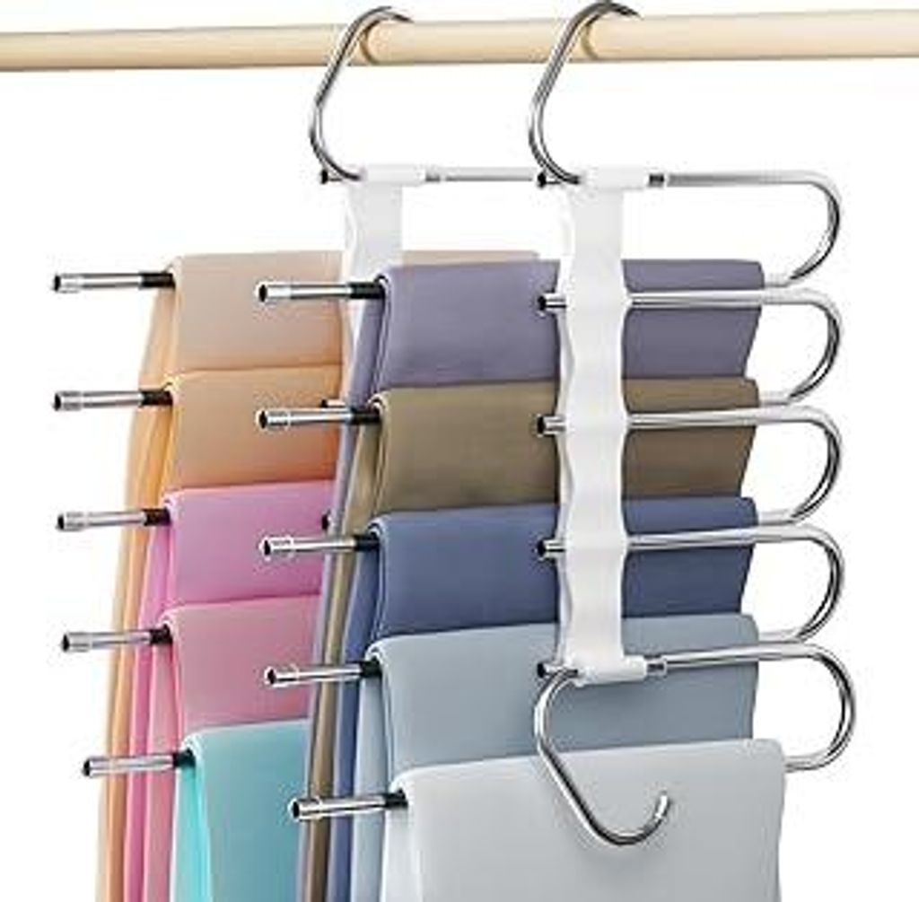 DAMITA Hosenbügel Platzsparend Hosen Weiß Kleiderbügel Kunststoff 2 Stück 5 in 1 Plastik Edelstahl Stabil Faltbare Hosenkleiderbügel Schrank O...