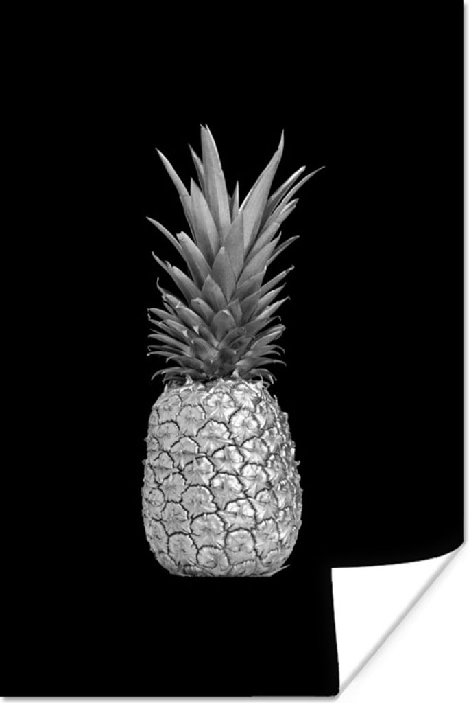 MuchoWow Poster Ananas mit spitzen Blättern auf schwarzem Hintergrund - schwarz und weiß 40x60 cm - Plakate für die Wand - Poster Babyzimmer