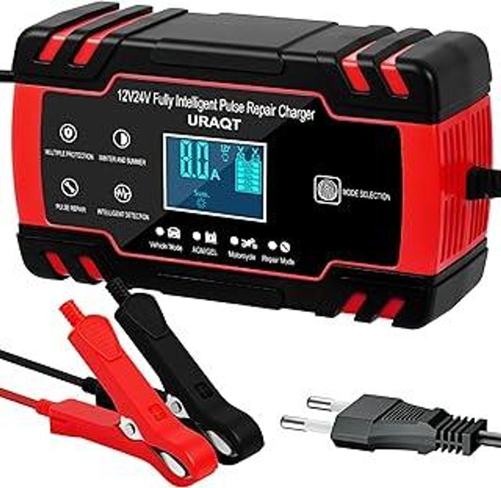 URAQT 8A Autobatterie Ladegerät, 12V/24V Smart Vollautomatische KFZ Batterieladegerät mit LCD Bildschirm Reparaturmodus Ladegerät, 7 Schutzmodi ...