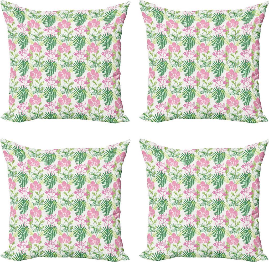 ABAKUHAUS Blätter Kissenbezug Set (4 Stück), Blüten-Blumen Pinnation, Moderner Doppelseitiger Digitaldruck, 45 cm x 45 cm, Weiß und Multicolor