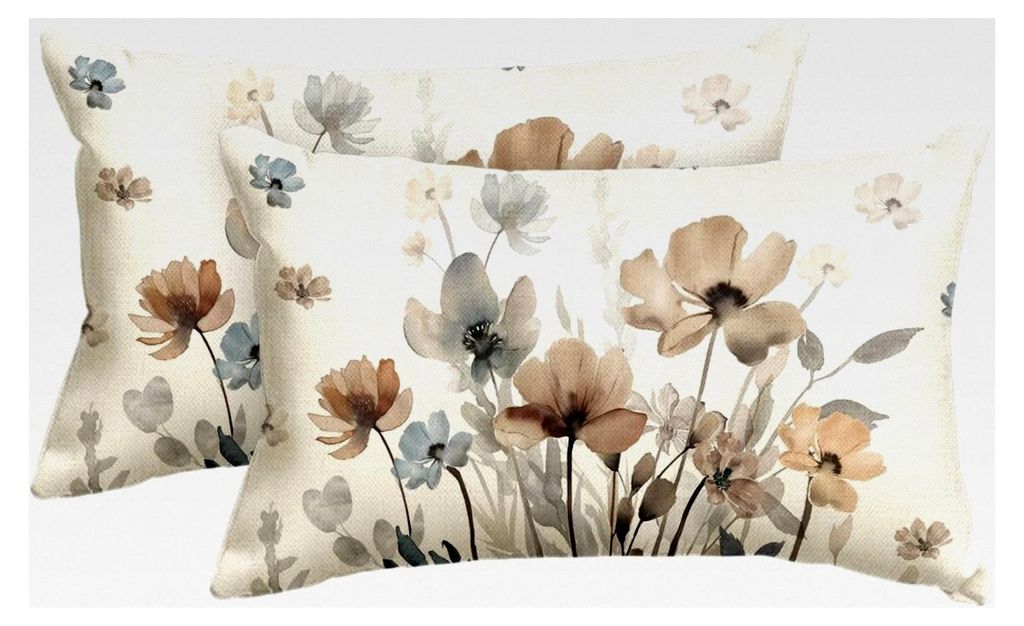 Geometrische Kissenbezüge mit Wildblumenmotiv im 2er Set, 30x50 cm, Zierkissenbezug für Wohnzimmer Dekoration