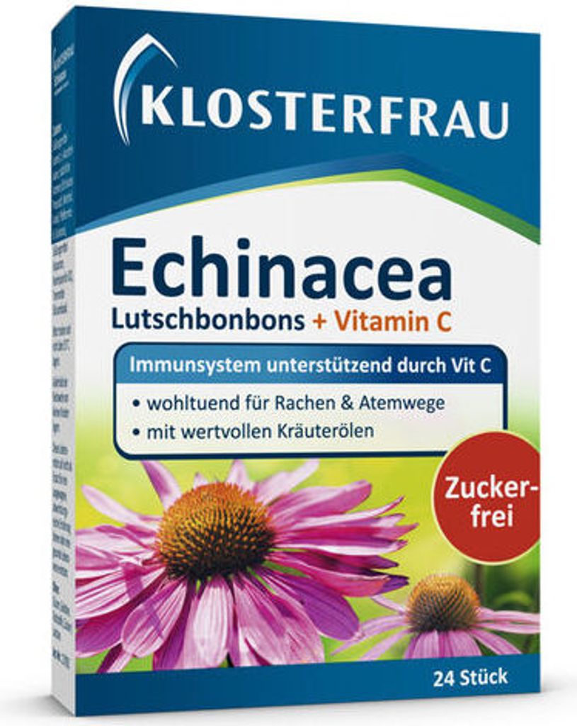 A box of Klosterfrau Echinacea lozenges with Vitamin C, featuring images of echinacea flowers.