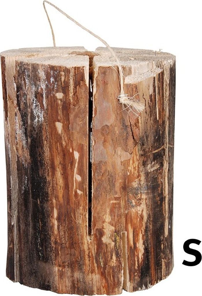 A close-up of a wooden log with a split down the middle and a string attached to the top.