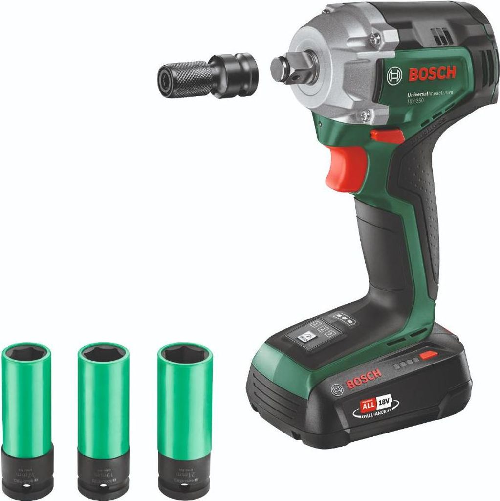 A Bosch cordless impact wrench with accessories, including an adapter and three sockets, is displayed against a white background.