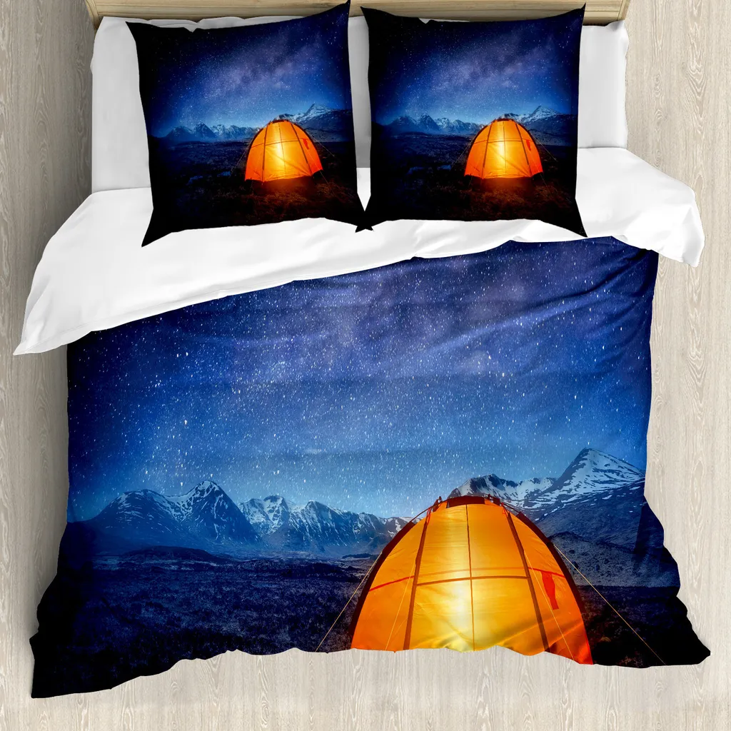 Parure de lit 2 personnes 200x200 motif Camping et Voyage Bleu Orange