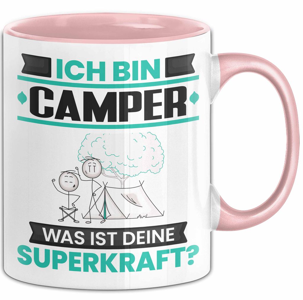 Camper Tasse Geschenk für Camper Geburtstag Lustiger Spruch Kaffee-Becher Was Ist Deine Superkraft (Rosa)