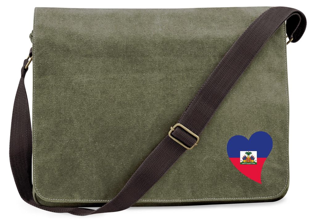 Huuraa Umhängetasche Haiti Flagge Herz 14 Liter Military Green Canvas Laptoptasche Geschenkidee