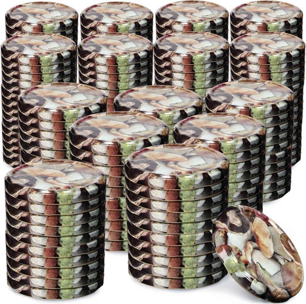 KADAX Einmach-Deckel Set aus Metall "Virbo", mit 6 Einrastzähnen, Pilze, 82 mm, 200 Stück
