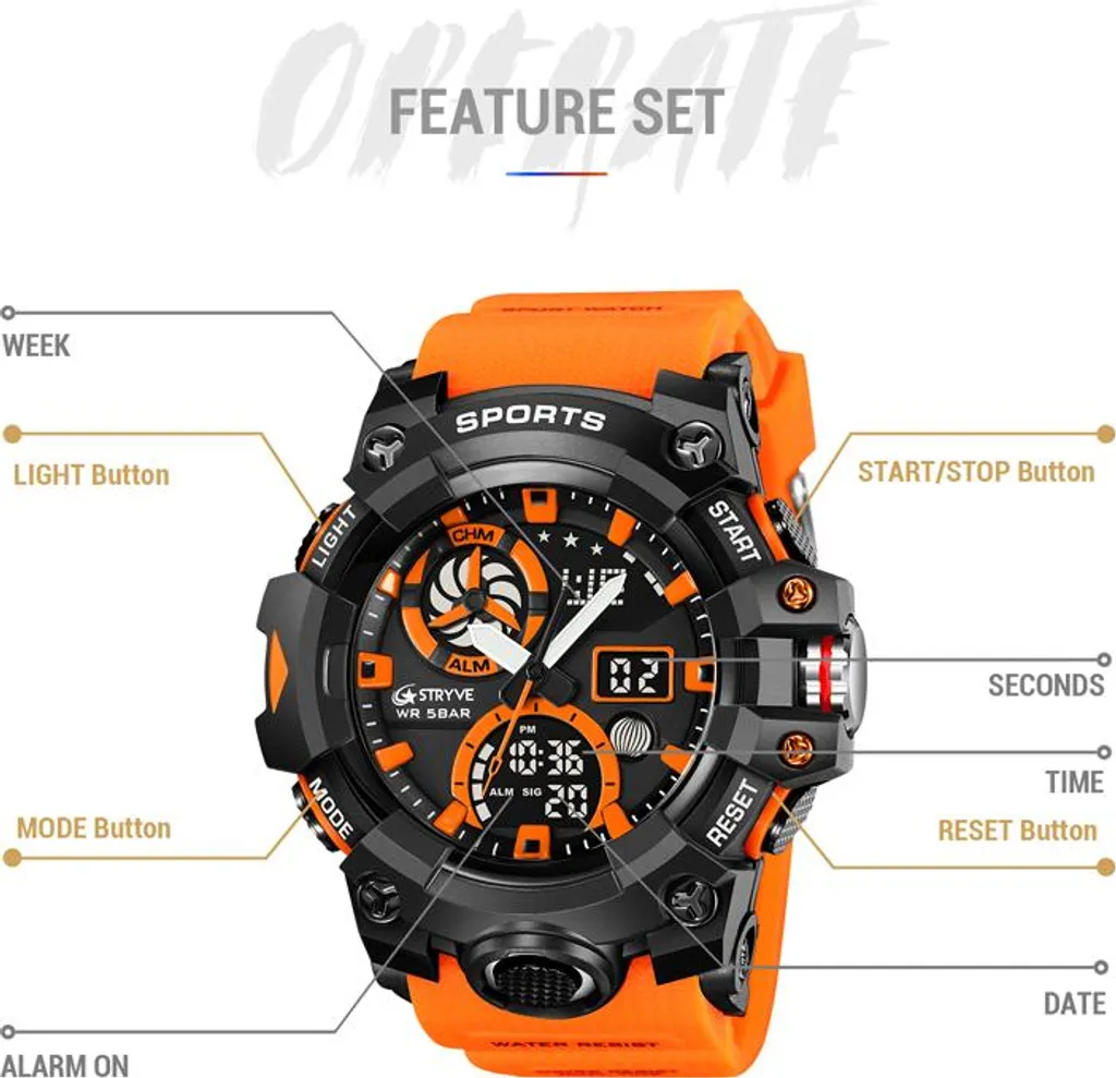 STRYVE HU-38684 Orologio Militare Nero Oro - Dual Time Impermeabile - 6