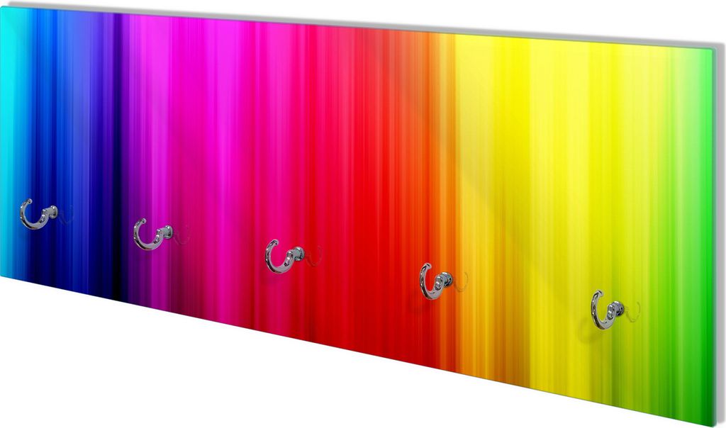 Wallario Flurgarderobe Wandgarderobe aus Glas, mit 5 Haken, Größe 80 x 30 cm, Motiv Bunte Regenbogenstreifen auf Schwarz