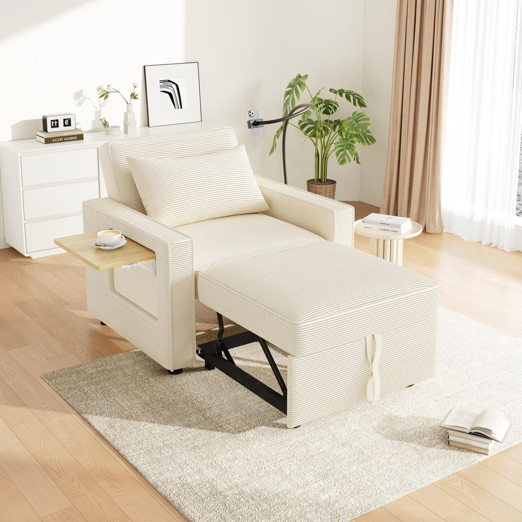 okwish Klappsofa Schlafsofa mit USB-Ladeanschluss,Polstersessel mit Schlaffunktion,faltbares Relaxsessel mit Handyhalter,Beige