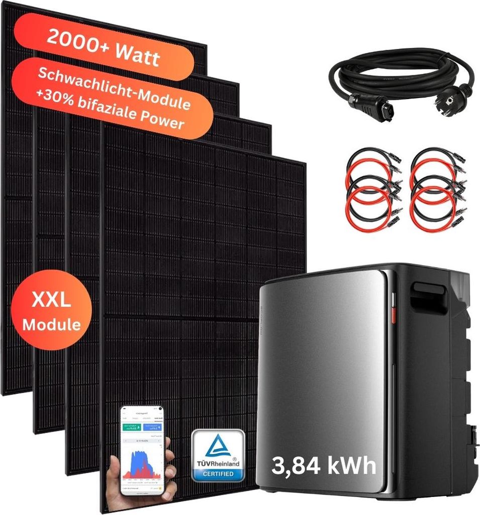 MyVoltaics Balkonkraftwerk 2000+ W mit Speicher STREAM Ultra X 3,84 kWh, SmartMeter gratis für Nulleinspeisung, bidirektional Halterung für Stabm...