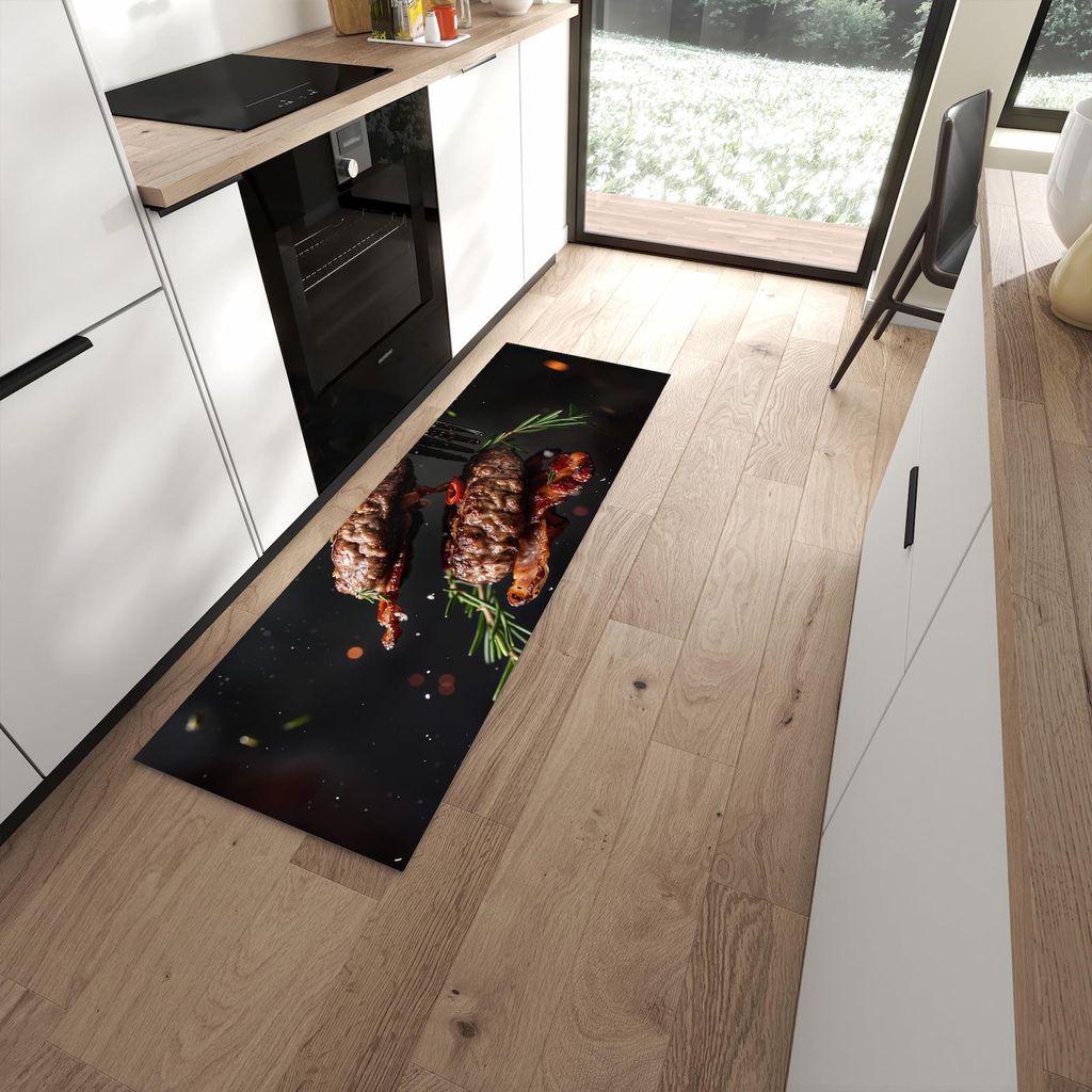 Küchenteppich 60x180cm rutschfest & abwischbar PVC Läufer - Burger mit Bacon