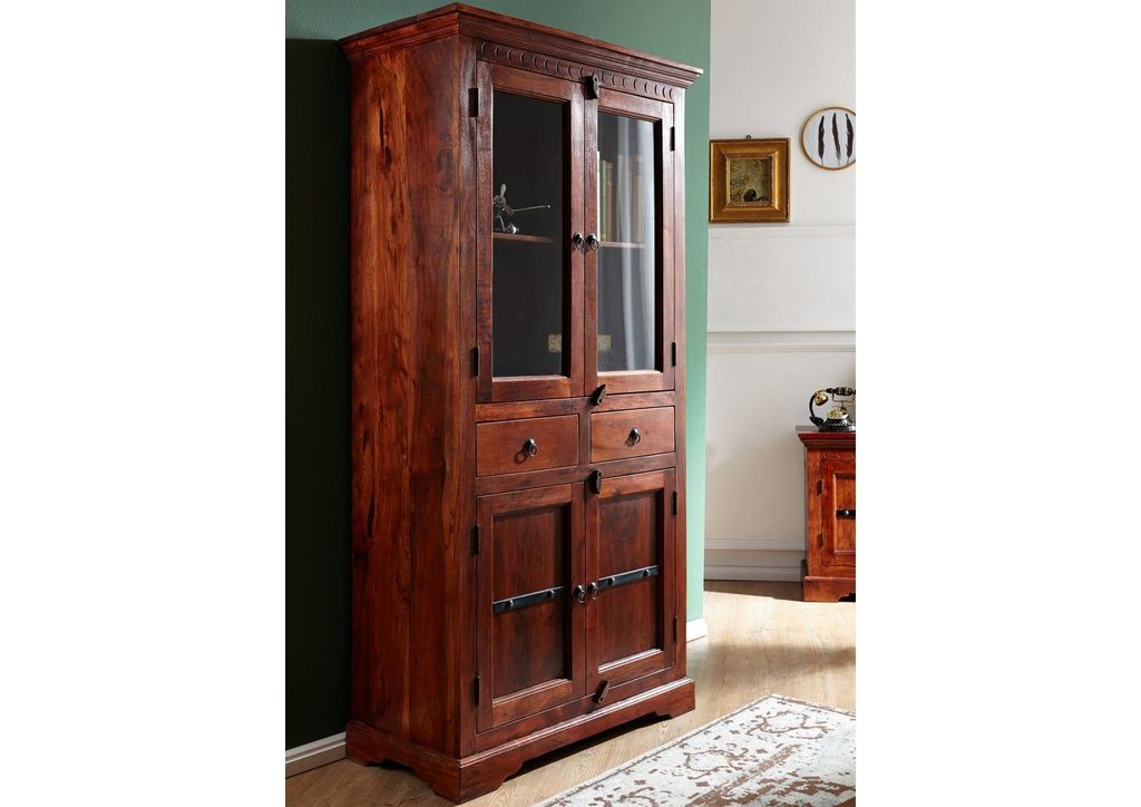 MASSIVMOEBEL24 Vitrine Akazie 90x44x180 nougat lackiert OXFORD #1011