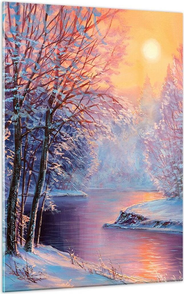 Bilder auf glas - Einteilig - Öl Winter Fluss - 50x70cm - Glasbilder - Wandbilder - Bilder - zum Aufhängen bereit - Wanddekoration aus Glas - Gla...