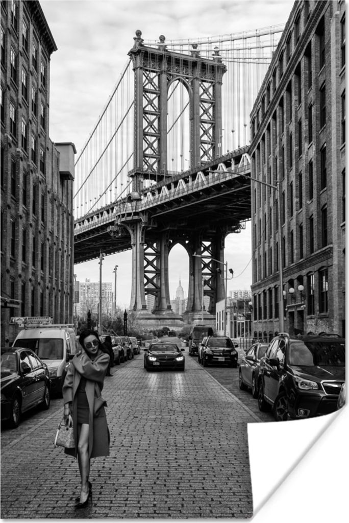 MuchoWow Poster New York - Manhattan - Brücke - Schwarz - Weiß 60x90 cm - Wanddekoration