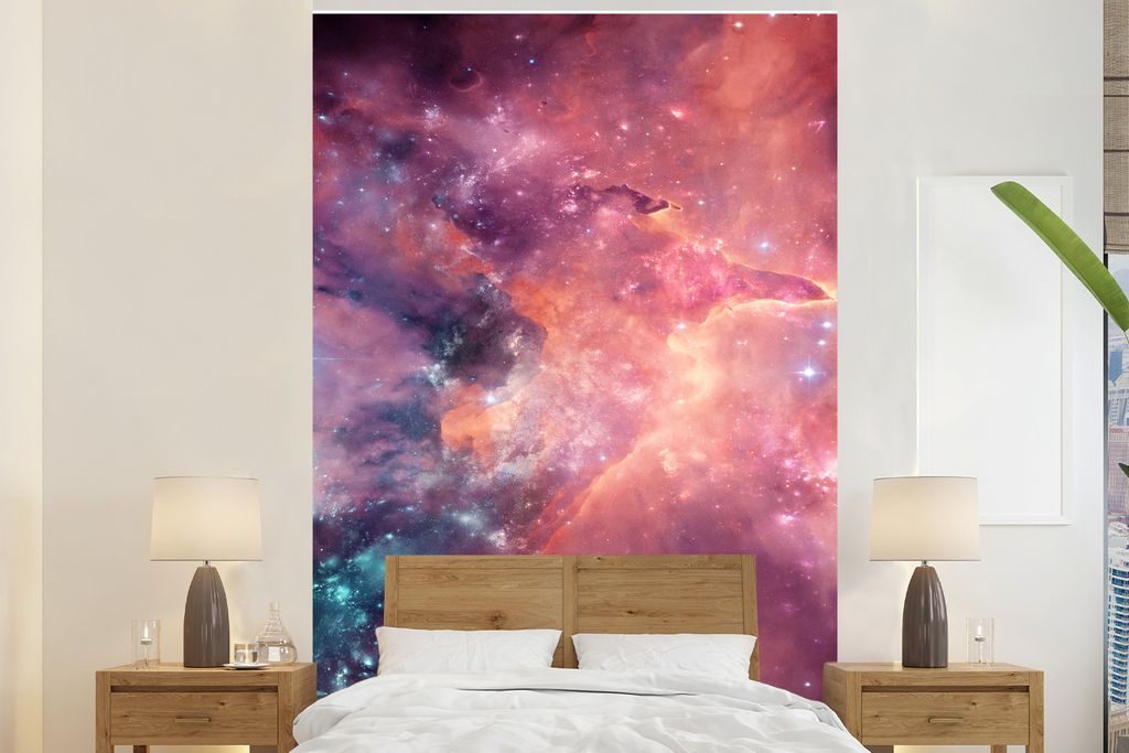 MuchoWow Fototapete für Wohnzimmer oder Schlafzimmer Wandtapete Vinyl Motivtapete Orange - Weltraum - Sterne - 195x300 cm - Das Hintergrundbild