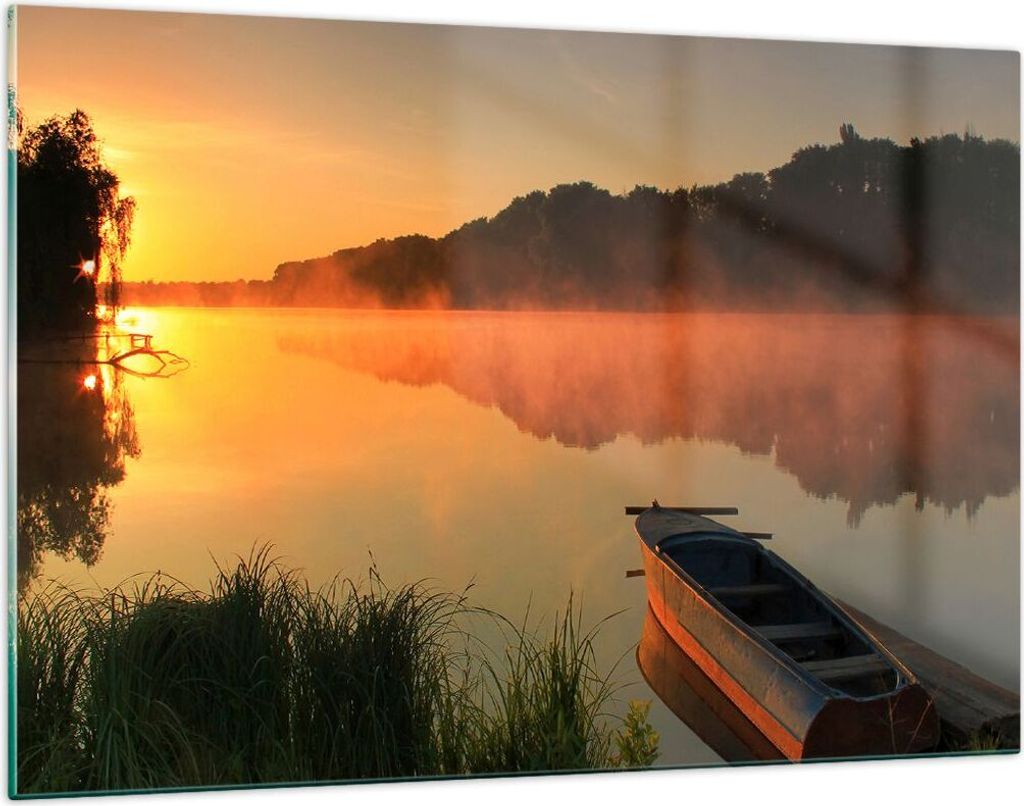 Bilder auf glas - Morgen Nebel See Landschaft - 120x80cm - Glasbilder - Wandbilder - Kunstdruck - zum Aufhängen bereit - Wanddekoration aus Glas -...