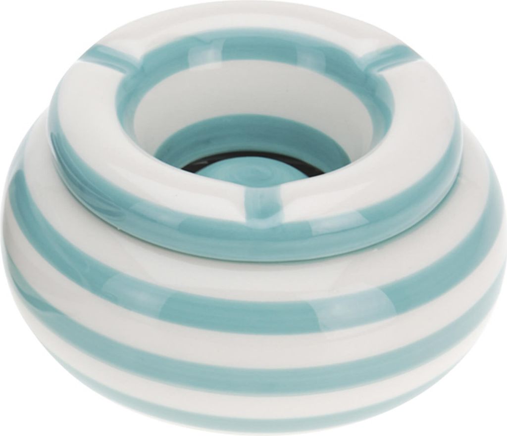 LS-LebenStil XL Sturm-Aschenbecher 14x9cm Maritim Türkis Weiß Keramik mit Deckel Wind-Aschenbecher Camping Ashtray Maritim Streifen draußen groß