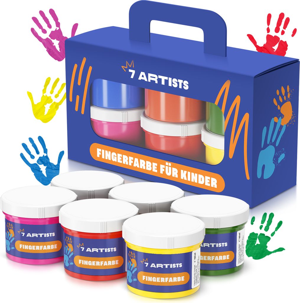 7 Artists 6er Gouache Farben Set aus Fingerfarben Kinder Ungiftig - 6 x 60ml Hautfreundliche Farben Auswaschbar/Fingerfarben für Kinder ab 3 Jahre/Fingermalfarben für Kinder Ungiftig