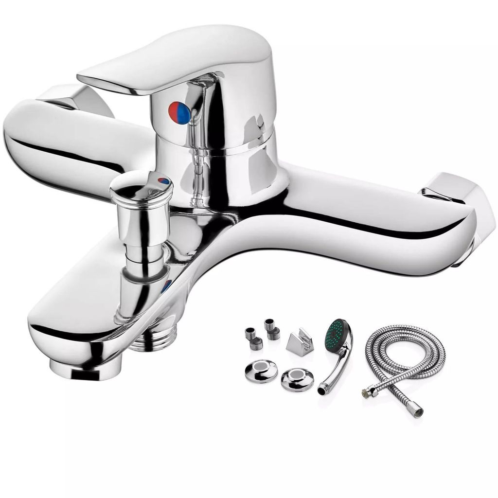 A chrome-finished bathtub faucet with a handheld showerhead and accessories, displayed on a white background.