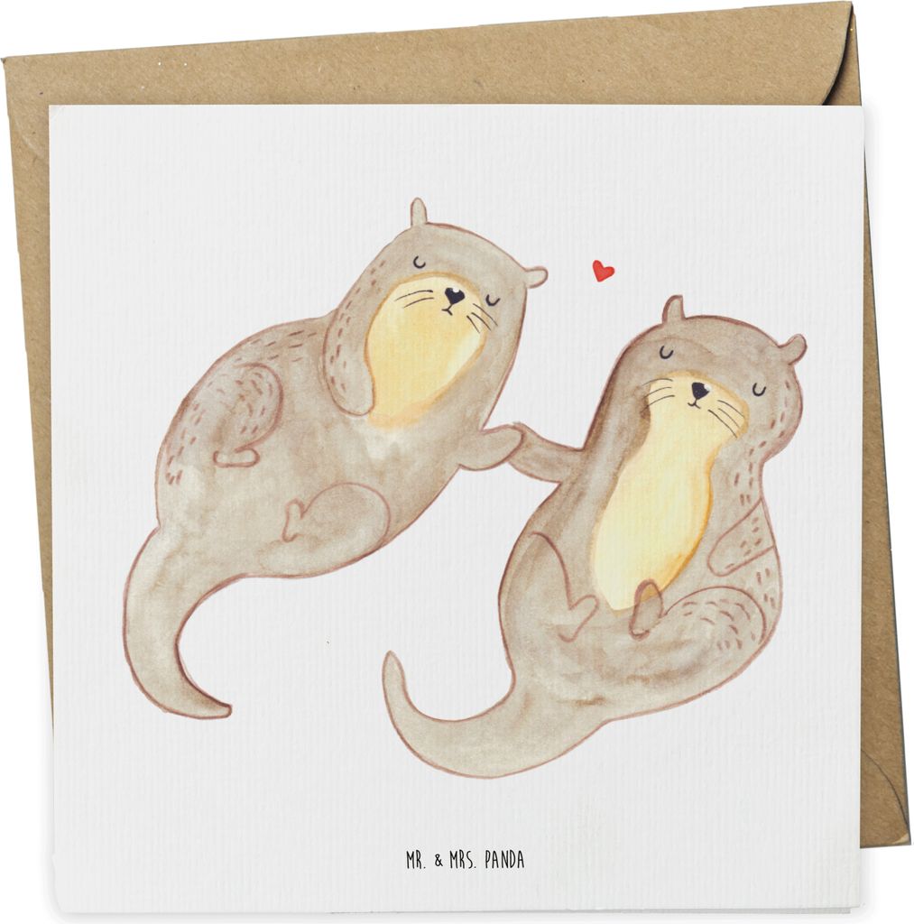 Mr. & Mrs. Panda Klappkarte Otter Hände halten - Weiß - Geschenk, Seeotter, Paar, Grußkarte, anlasskarte, Glückwunschkarte, doppelkarte, faltka...