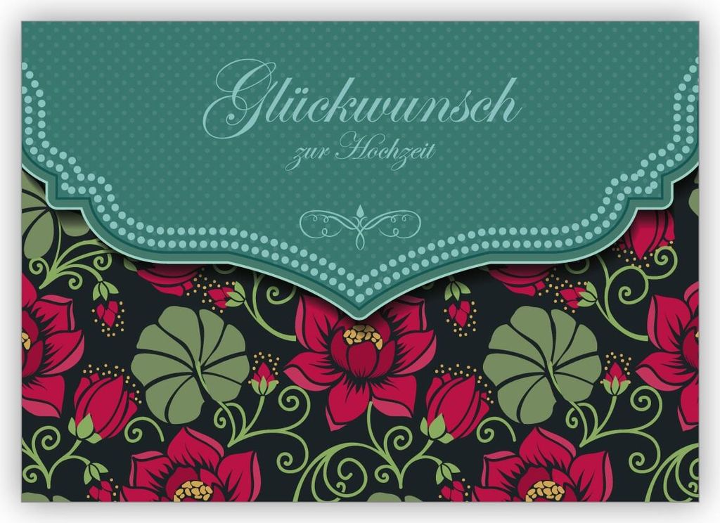 Traumhafte Retro Hochzeitskarte mit Vintage Seerosen Muster in grün: Glückwunsch zur Hochzeit