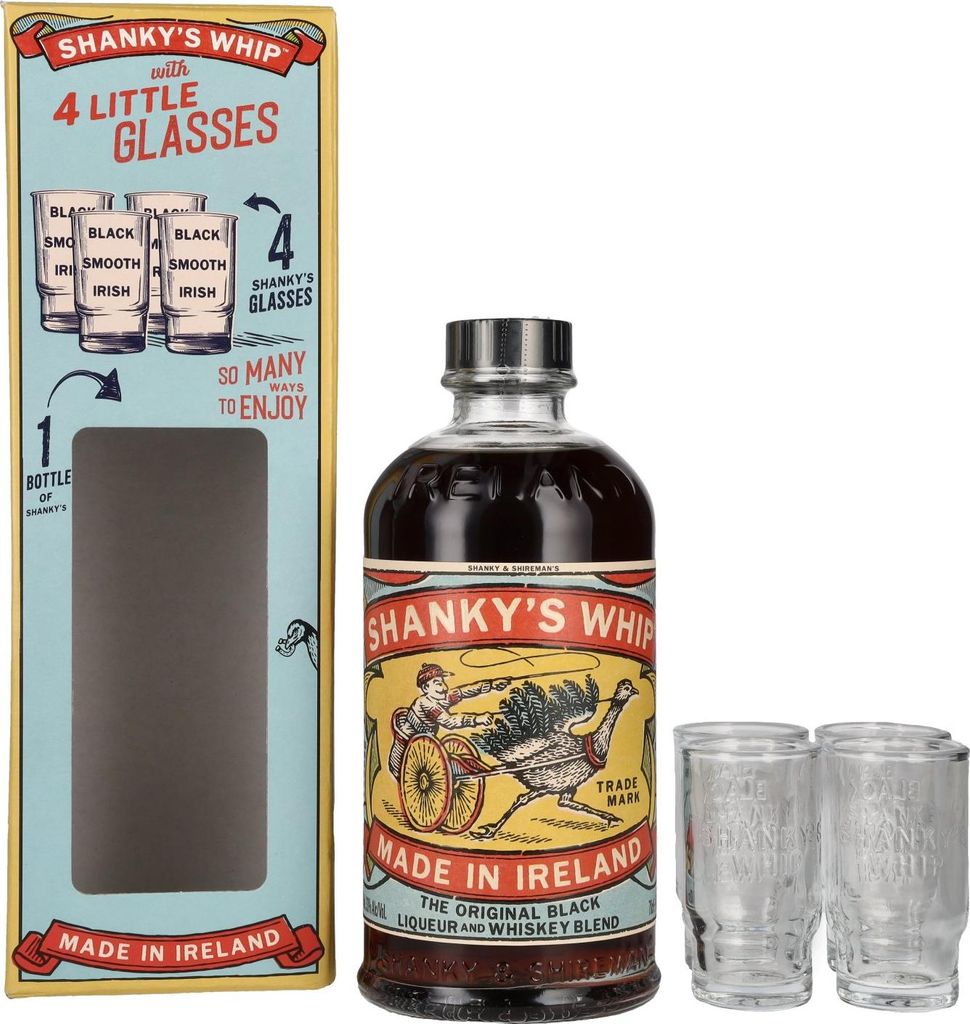 Shanky's Whip The Original Black Liqueur and Whiskey Blend 33% Vol. 0,7l in Geschenkbox mit 4 Shot Gläsern