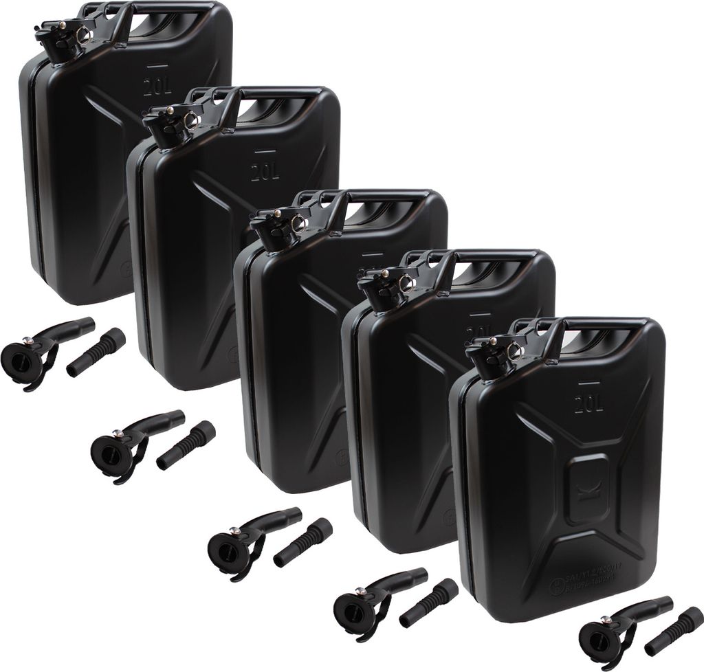 5x Benzinkanister 20 L mattschwarz mit Ausgießer Kraftstoffkanister Dieselkanister Metall Kanister für Benzin und Diesel