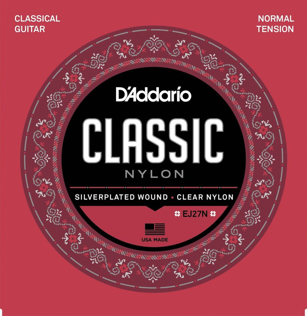 A circular graphic featuring D'Addario Classic Nylon guitar strings.