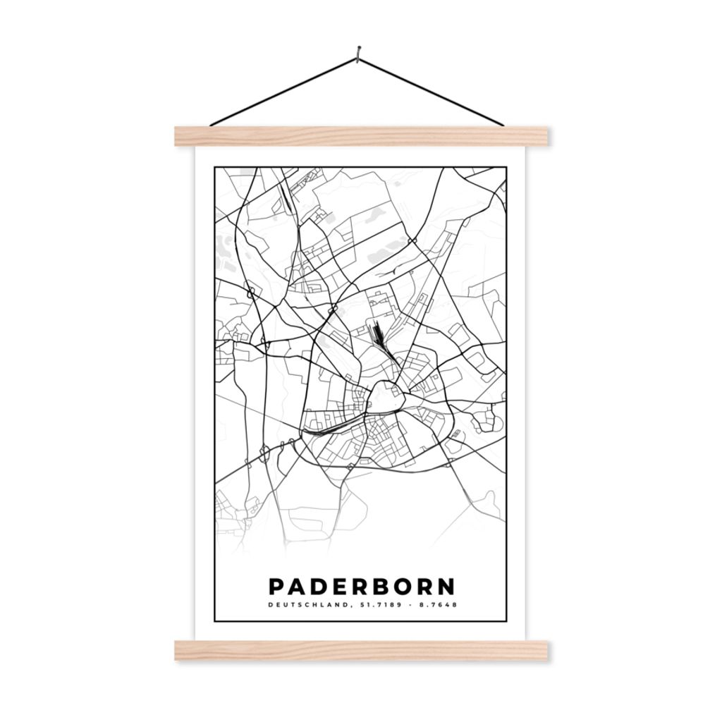 MuchoWow Textilposter Paderborn - Karte - Stadtplan 40x60 cm mit holzfarbenen Rahmen - Poster