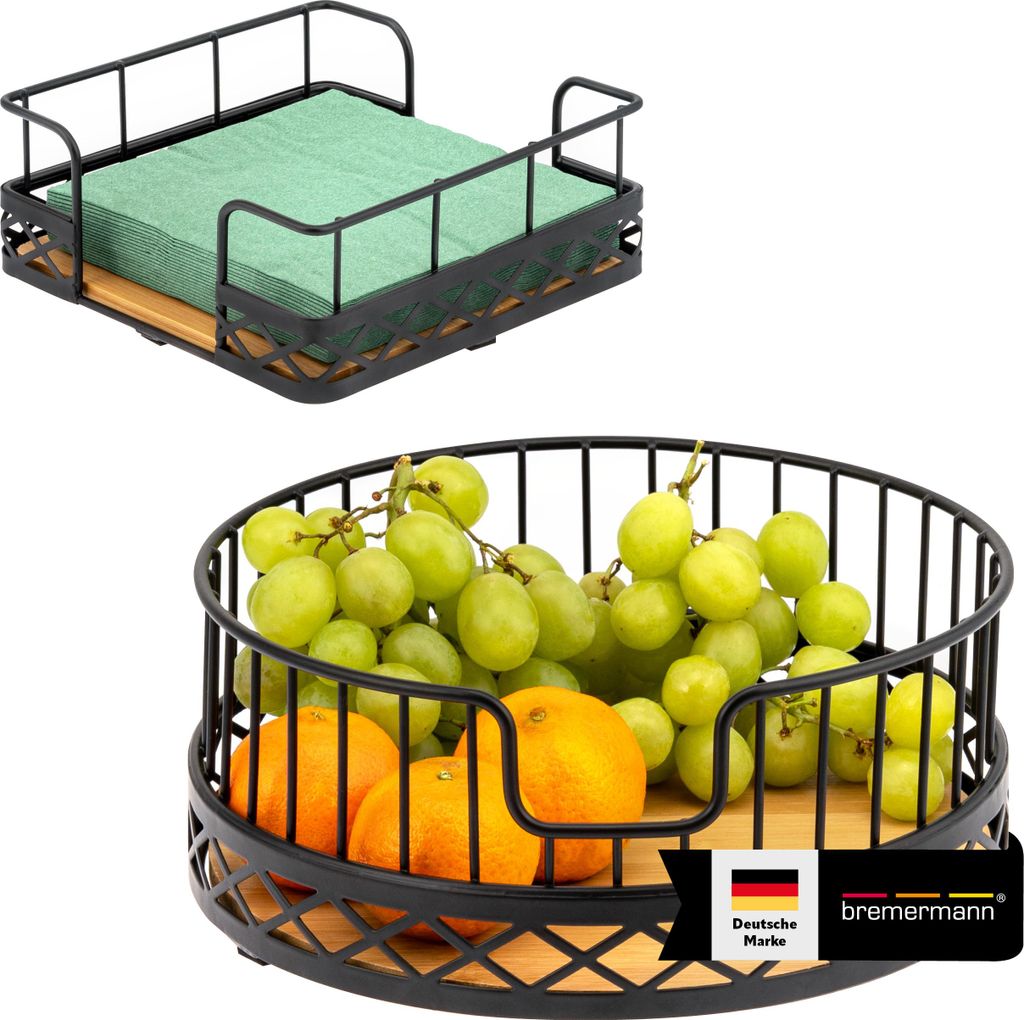 bremermann Obstkorb 2er Set inklusive Serviettenhalter, Obstschale/ Brotkorb aus Bambus und Metall