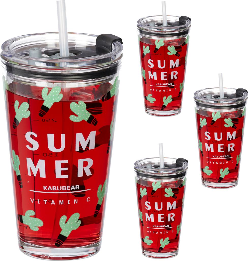 Relaxdays Trinkgläser 4er Set, Kaktus-Motiv, Deckel & Produktbild 