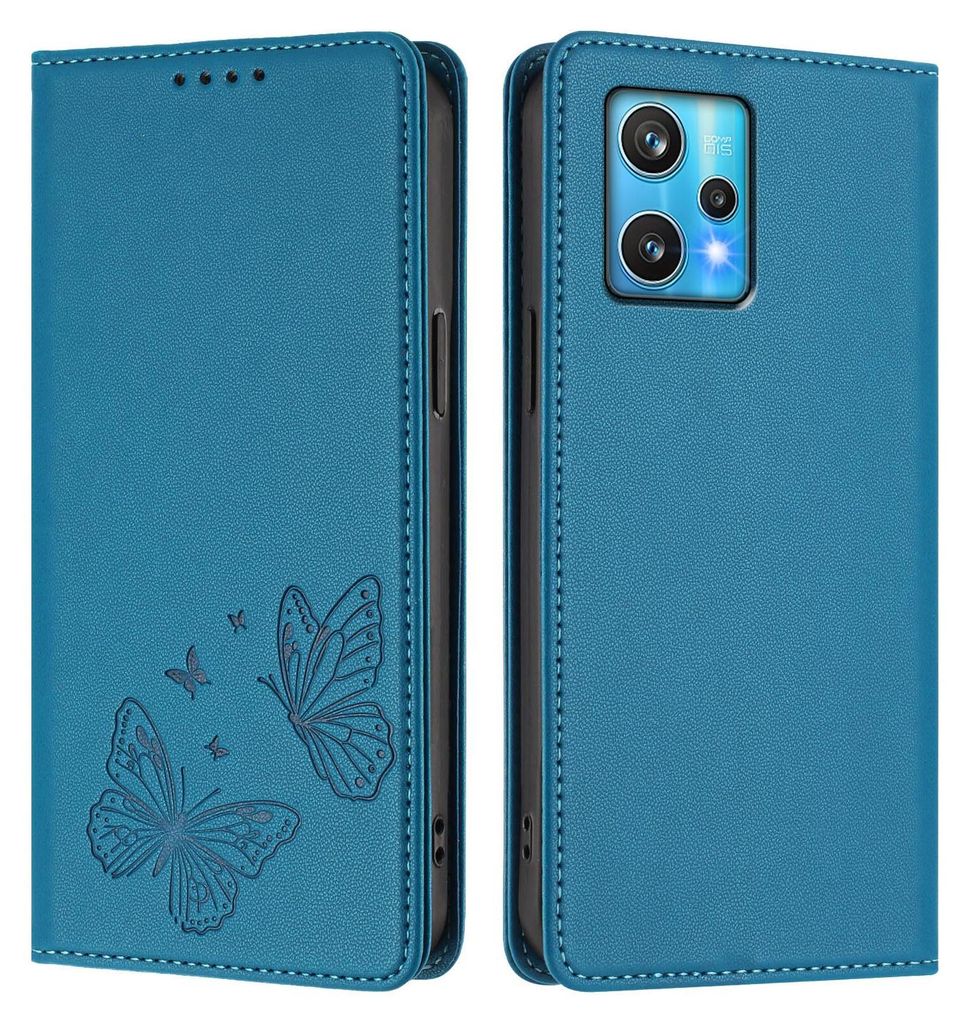 Lederhülle für Realme 9 4G/Realme 9 Pro+ 5G, Schmetterling Prägung Leder Brieftasche Schutzhülle mit Ständer Blau