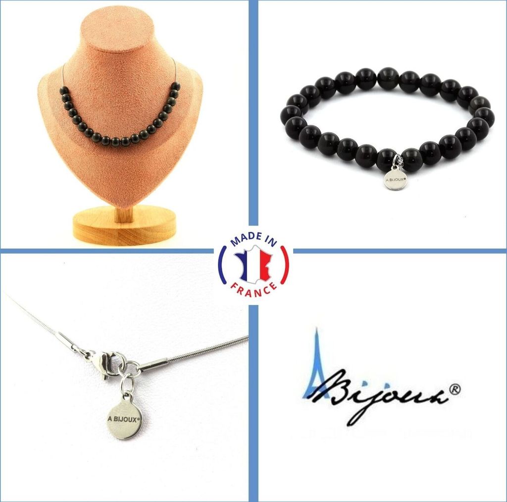 Schmuckset Armband Halskette 20 Perlen Schwarzer Obsidian 8 mm Edelstahlkette