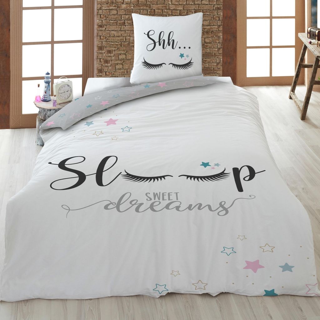 Bettwäsche Set 2-teilig 135x200 80x80 cm mit Wimpern Sterne Produktbild 