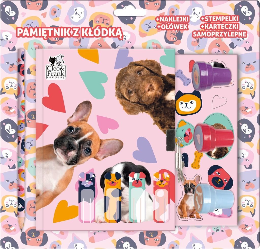 Tagebuch mit Vorhängeschloss + Briefmarken und Zubehör Cleo und Frank the Doggies Derform