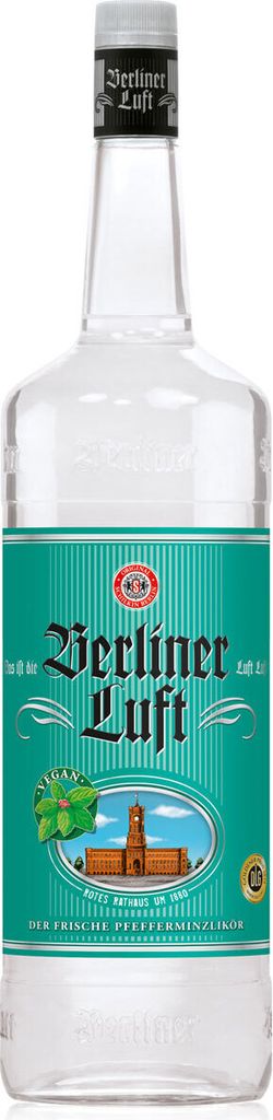 A clear studio shot of a bottle of Berliner Luft Pfefferminzlikör.