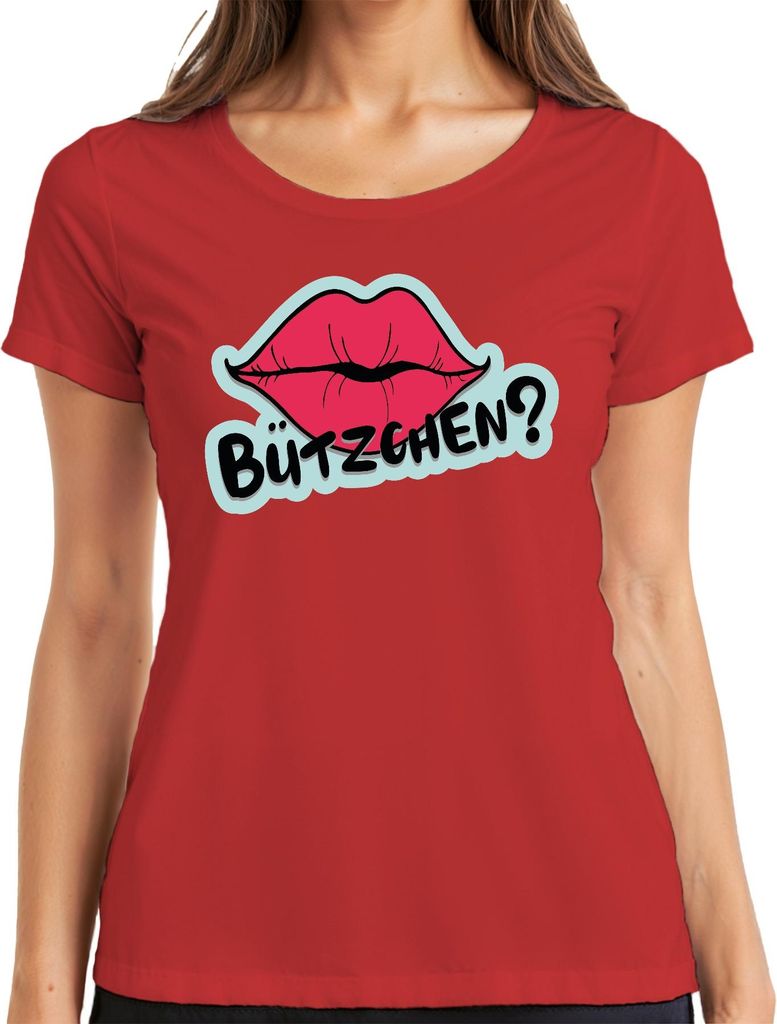 Bützchen Kuss Lippen Pop Art Karneval Geschenk Frech Retro Damen T-Shirt, Rot, L