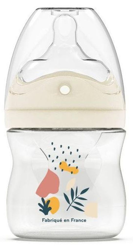 Anti-Kolik-Babyflasche – – 150 ml – Biomimikry-Sauger mit mehreren Perforationen – ab 0 Monaten – Durchfluss 1 – Rosa