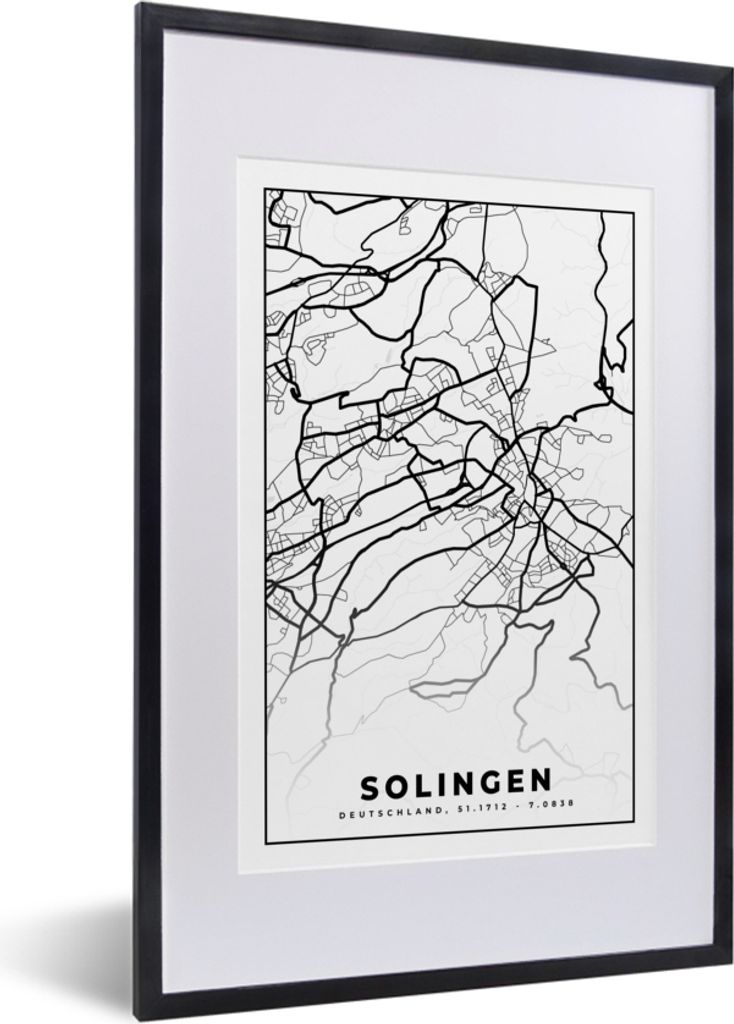 MuchoWow Gerahmtes Poster Solingen - Karte - Stadtplan 40x60 cm - Poster mit Schwarzem Bilderrahmen Wandposter Rahmen Foto Bilder - Poster in Rahmen