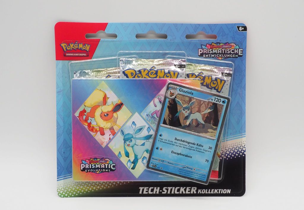 A Pokemon TECH-Sticker Kollektion 3er Blister Glaziola product is displayed on a white background.