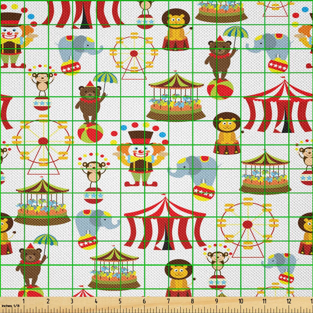 ABAKUHAUS Zirkus Satin Stoff als Meterware, Zirkus Elefant Bär Affe Tier Fröhliche Gehen Runde Magische Klassische Feier Druck, 3 M (148 x 300 cm...