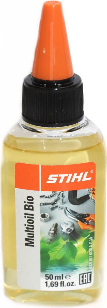 A bottle of STIHL Multioil Bio lubricant.