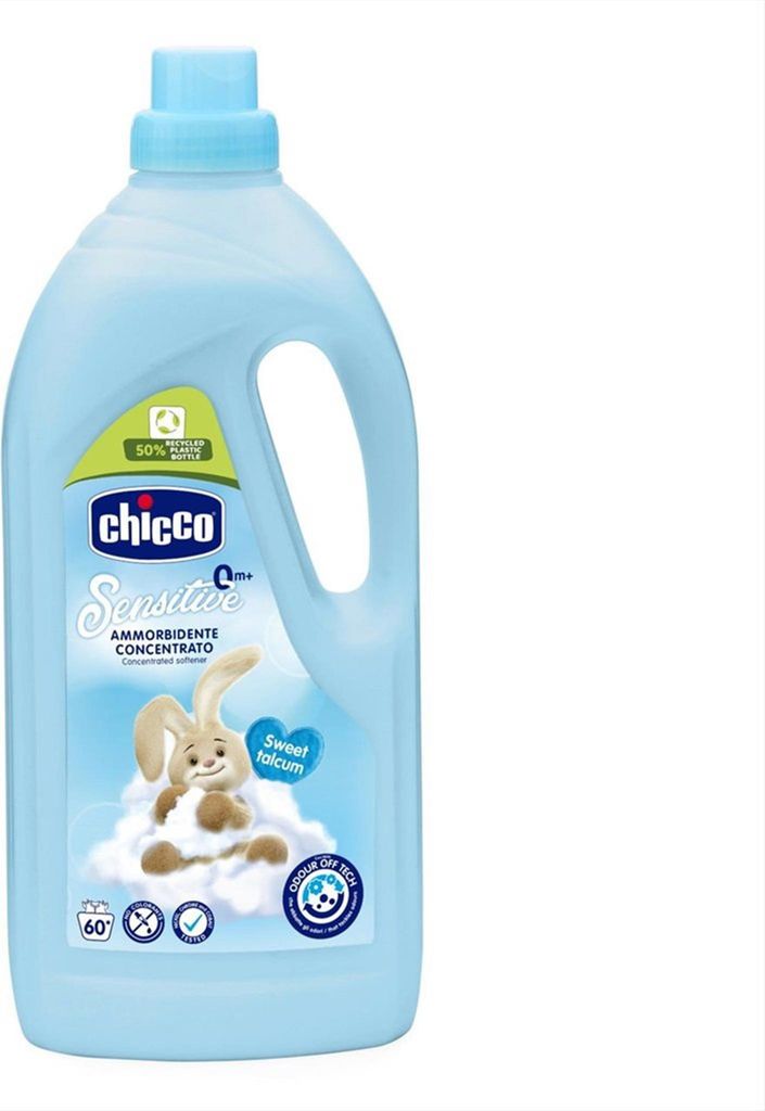 A bottle of Chicco Sensitive Concentrated fabric softener with a cartoon bunny on a cloud.