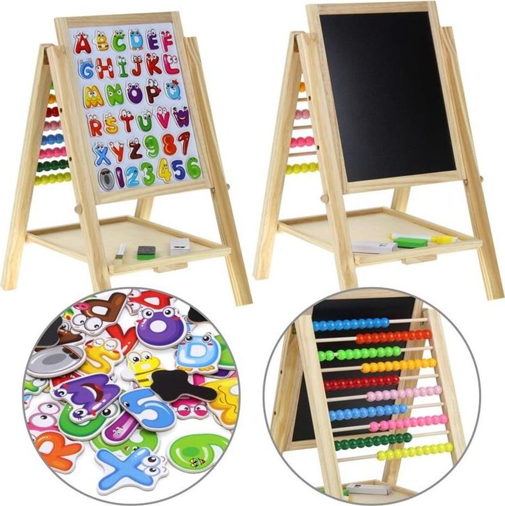 A collage of images showing a wooden easel with a blackboard and a whiteboard, featuring magnetic letters and numbers, and an abacus.