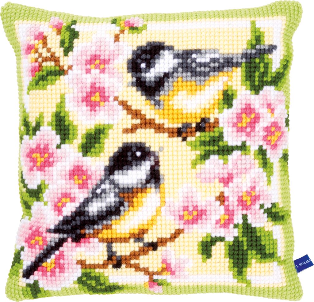 Vervaco Kreuzstichkissen "2 Kohlmeisen in Blumen", Stickbild vorgezeichnet