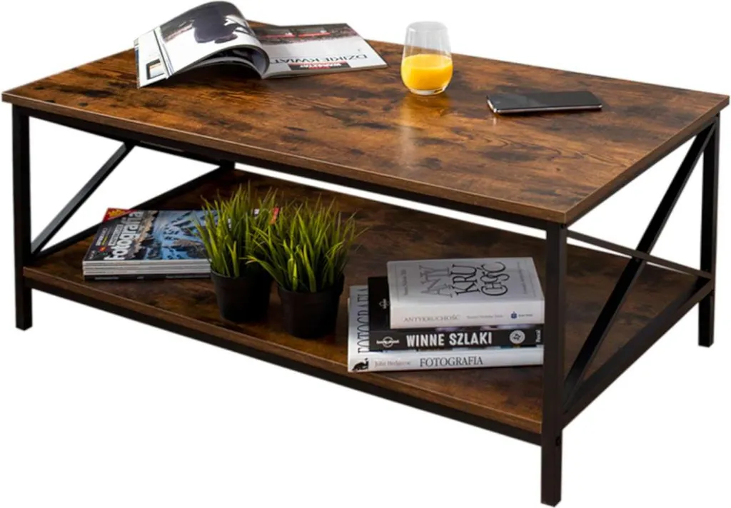 Table à café rustique 100x55 cm avec base métallique robuste noire - 2