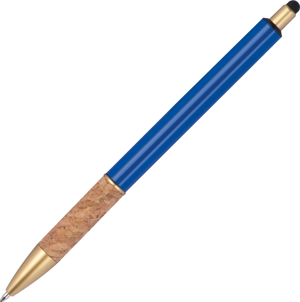 Touchpen Metall-Kugelschreiber mit Korkgriffzone / Farbe: blau